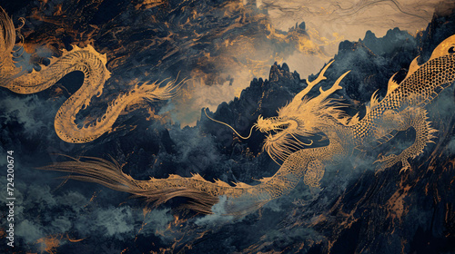 dark blue montain and gold dragon landscape ink painting shanshui. peaceful