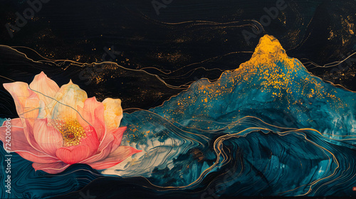 dark blue montain pink lotus landscape ink painting shanshui. peaceful