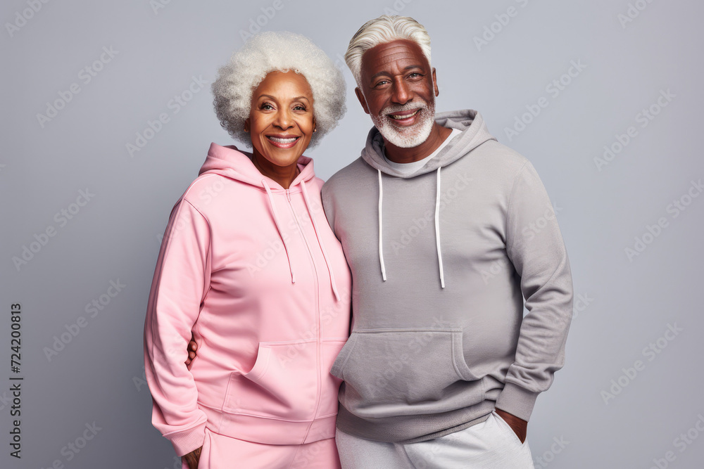 Portrait of Elderly afro-american smiling couple posing over grey background. Mature adults wear activewear sportswear. Sport clothes for retired people man and woman. Coy space for text and design.