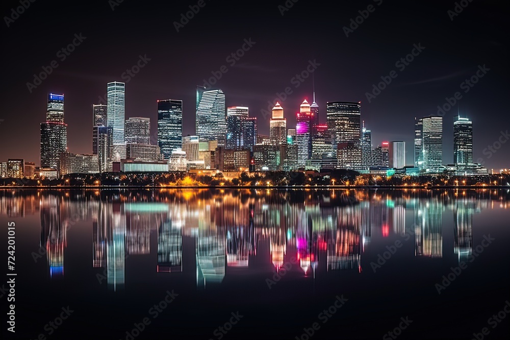 City Skyline Reflecting on Water at Night