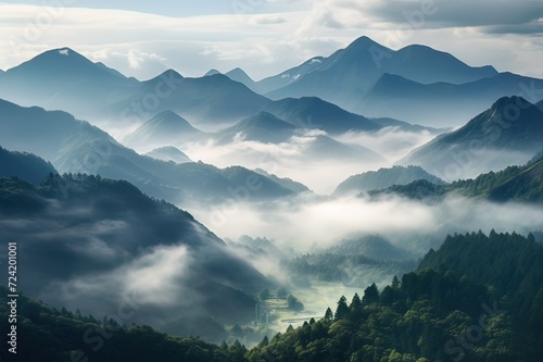 Layered Mountain Vistas Enveloped in Soft Morning Fog