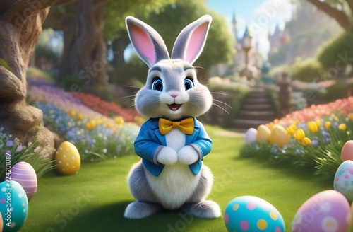 Easter bunny in blue jacket yellow tie with Easter eggs on blurred natural background.