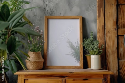 a photo frame in front of a wood dresser in an interior home empty wooden frame