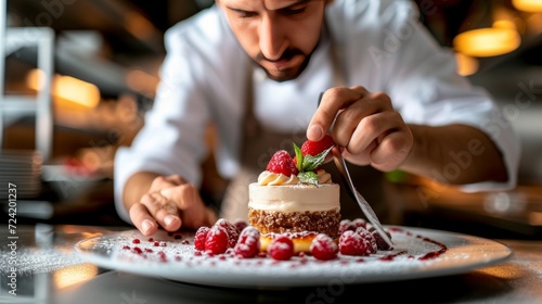 A pastry chef arranging edible flowers on a stunning wedding cake