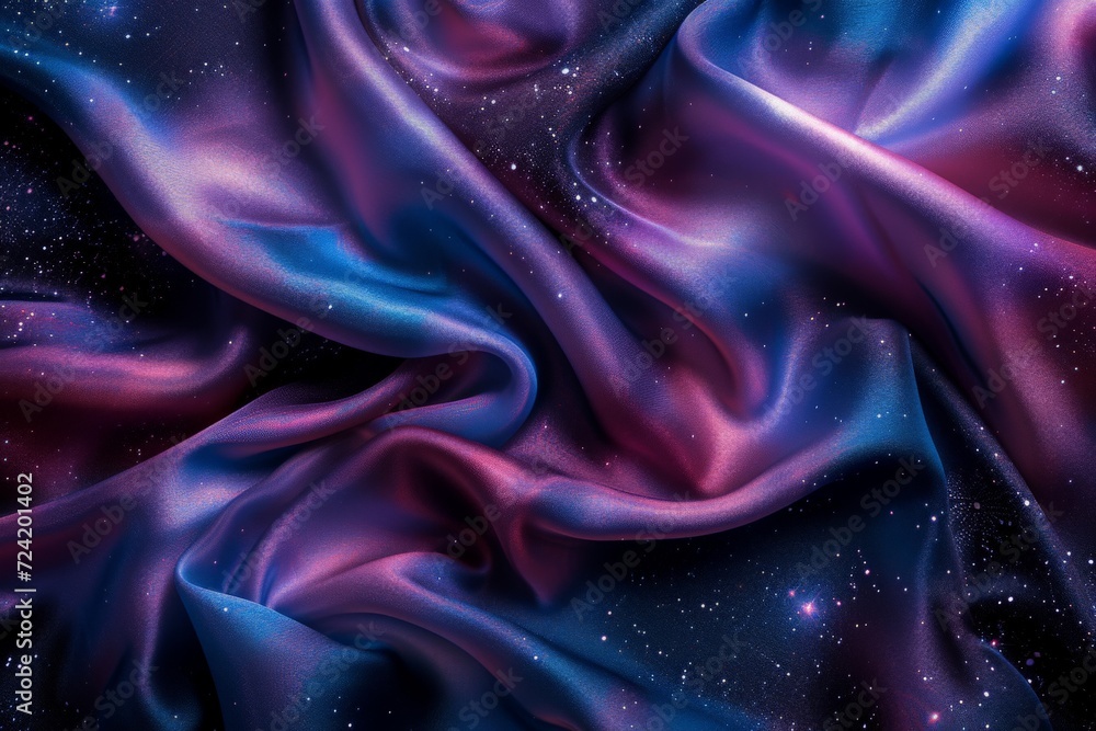 Fototapeta premium Space satin fabric with starry galaxy print. Cosmic pattern. Flowing satin cloth. Elegant textile design. Backdrop for banner, wallpaper, card, poster