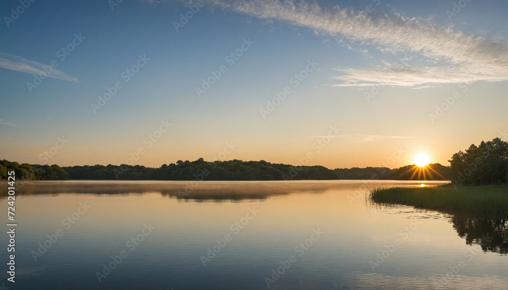 Dawn illuminates tranquil waters with reflections
