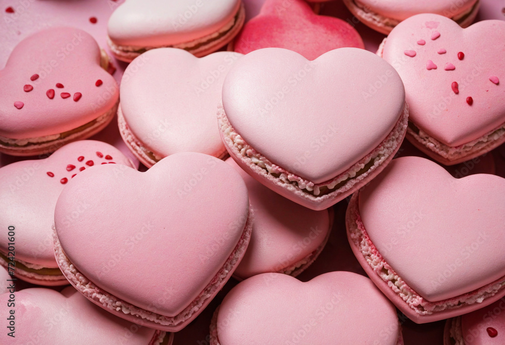 Luxurious heart-shaped macarons in pink color. Luxurious heart-shaped macarons in pink color.