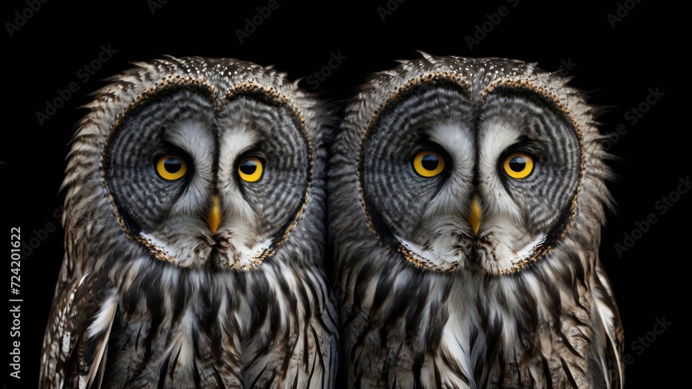 Obraz premium Great Grey Owl or Lapland Owl, Strix nebulosa isolated of black background. generative, ai.