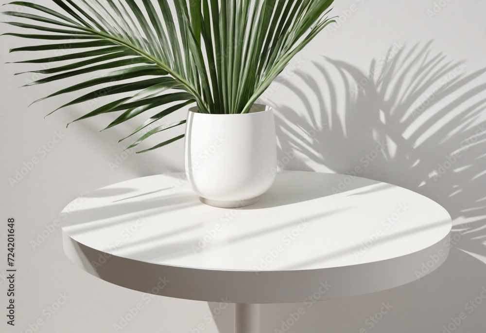 Tropical palm leaf shadow on smooth white podium under sunlight, against white table background. Tropical palm leaf shadow on smooth white podium under sunlight, against white table background.