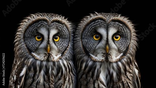 Great Grey Owl or Lapland Owl, Strix nebulosa isolated of black background. generative, ai.