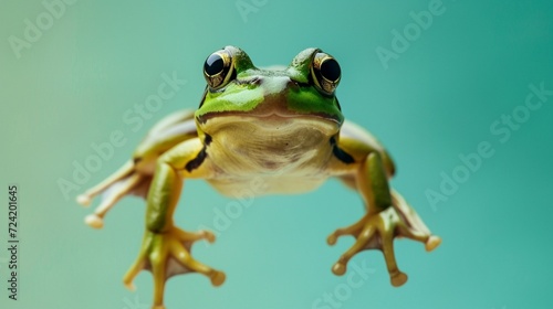 Jumping Green frog on the pastel background. 29 february leap year day concept photo