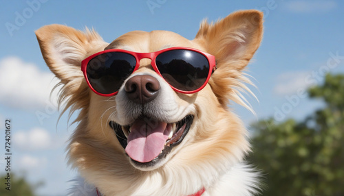 Portrait of a happy dog wearing stylish sunglasses against a bright white background. Cute pet with space for text. Trendy pooch with cool summer vibes. © SR07XC3
