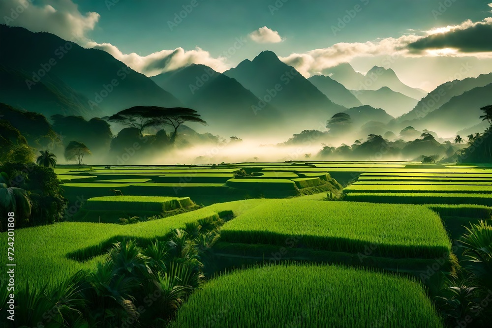 A tranquil rural scene, where expansive rice fields stretch towards distant mountains, their peaks shrouded in mist in a tropical setting.