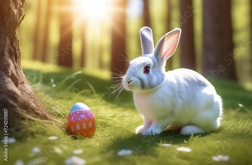 Easter bunny with colorful eggs on natural sunny blurred background.