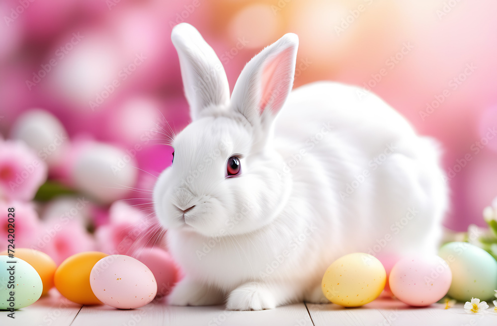 Easter bunny with Easter eggs and pink flowers. Blurred background. Easter bunny with Easter eggs and pink flowers. Blurred background.