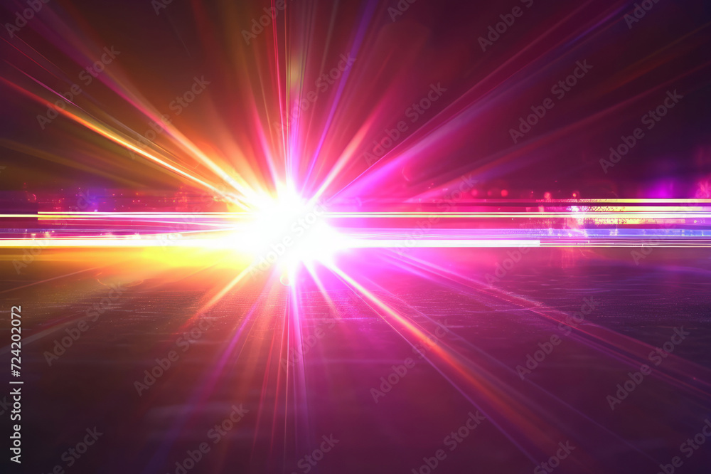 Abstract sun burst, digital flare, iridescent glare, lens flare effects for overlay. Magenta, pink, yellow gold colors