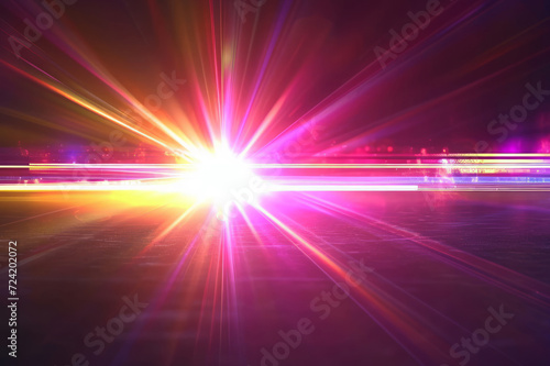 Abstract sun burst, digital flare, iridescent glare, lens flare effects for overlay. Magenta, pink, yellow gold colors