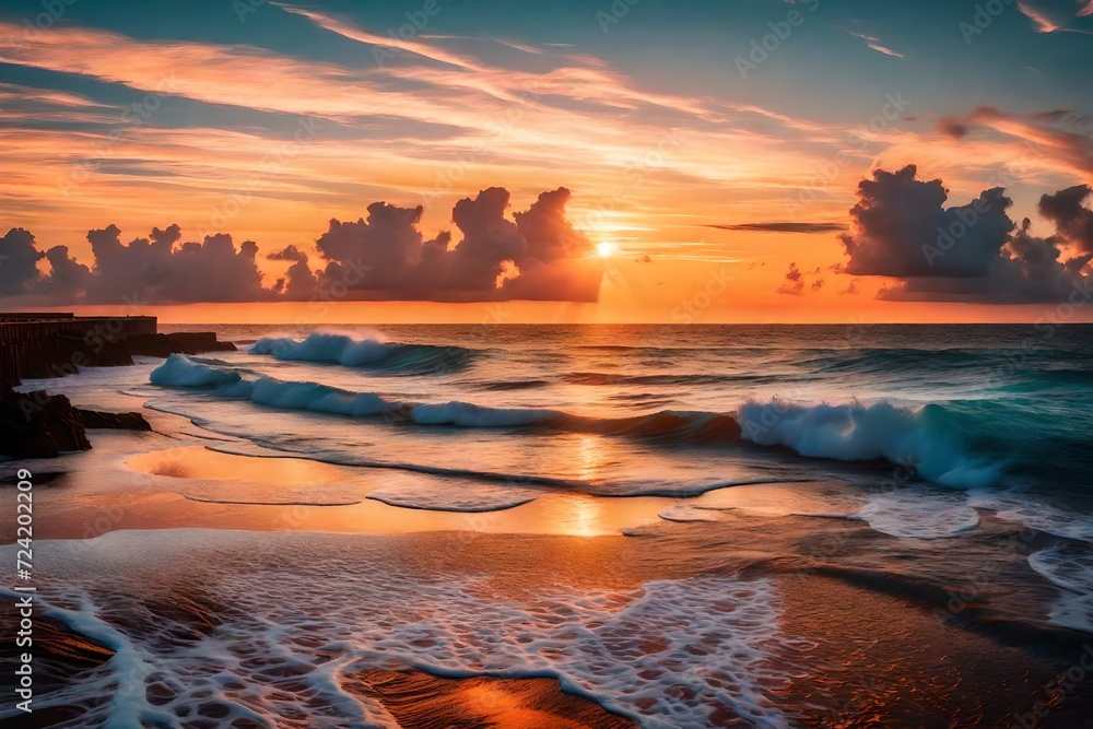 The awe-inspiring beauty of a colorful sunrise over the Atlantic coast, the sky's radiant hues creating a striking contrast with the calm ocean