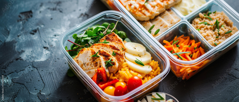 Balanced meal prep containers with grilled chicken, rice, and vegetables on dark background Balanced meal prep containers with grilled chicken, rice, and vegetables on dark background