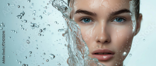 Close-up of a serene woman with water splashing on her youthful face photo
