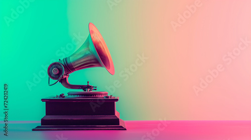 Vintage aged gramophone phonograph turntable on pastel green pink neon lighted background with copy space.