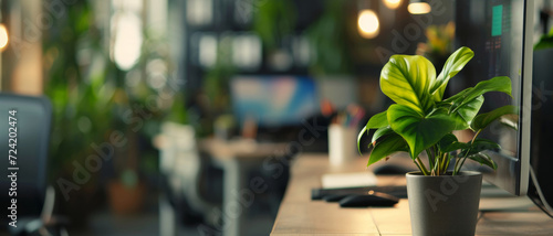 A vibrant green plant on a desk brings life to a modern office workspace photo