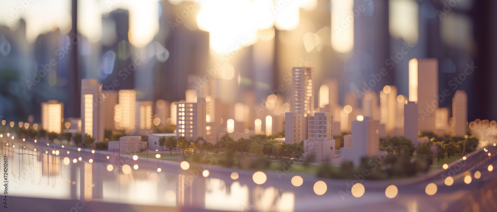 A miniature cityscape glows warmly at dusk, creating a serene urban tableau - obrazy, fototapety, plakaty 