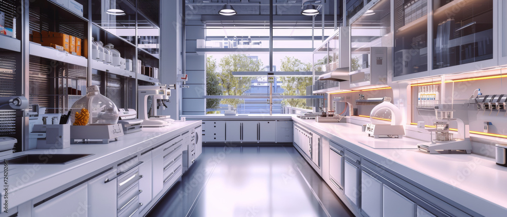 Sleek, modern laboratory interior with state-of-the-art equipment and a view of greenery outside Sleek, modern laboratory interior with state-of-the-art equipment and a view of greenery outside