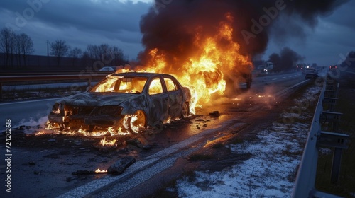 A lone car burns on the autobahn