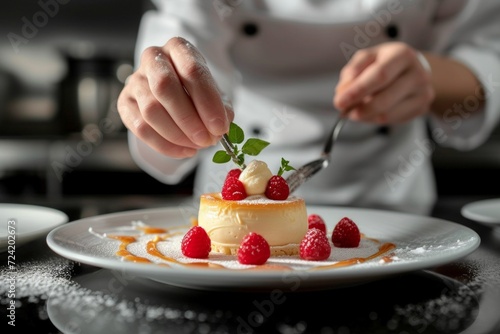 A pastry chef arranging edible flowers on a stunning wedding cake