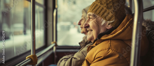 Elderly man in a winter hat smiling contentedly as he rides a bus, with the city passing by outside