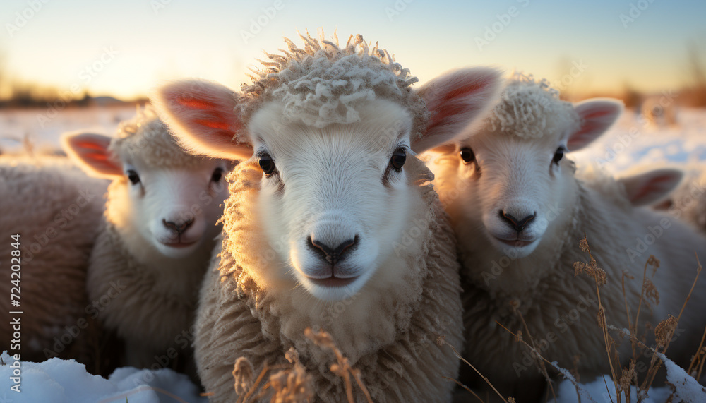 Obraz premium Cute lamb grazing in snowy meadow, innocence in nature generated by AI