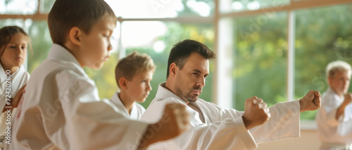 Focused martial arts instructor leading a karate class for children, demonstrating technique