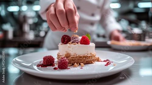 A pastry chef arranging edible flowers on a stunning wedding cake