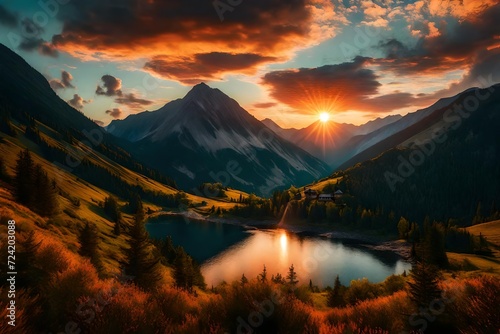 A breathtaking summer sunset in the mountains  the sky an explosion of colors  reflecting off rivers and lakes nestled among the hills