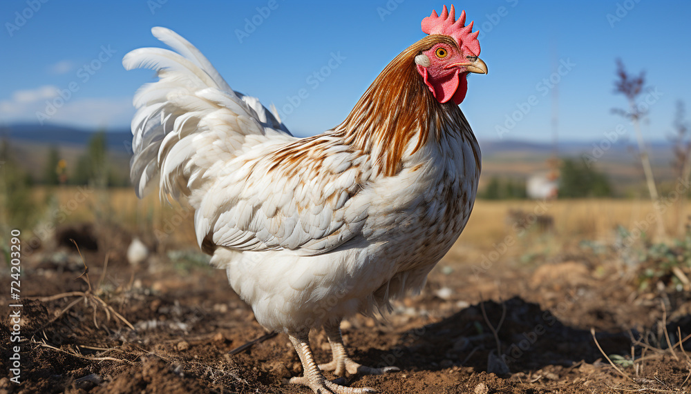 Rooster standing in meadow, crowing, surrounded by free range chickens generated by AI Rooster standing in meadow, crowing, surrounded by free range chickens generated by AI