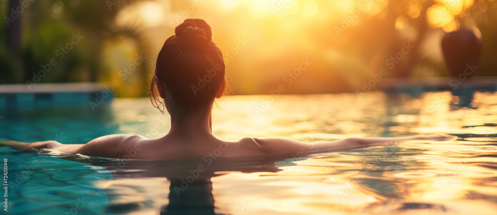Woman in tranquil repose enjoying a sunset soak in a luxurious pool, embodying relaxation Woman in tranquil repose enjoying a sunset soak in a luxurious pool, embodying relaxation