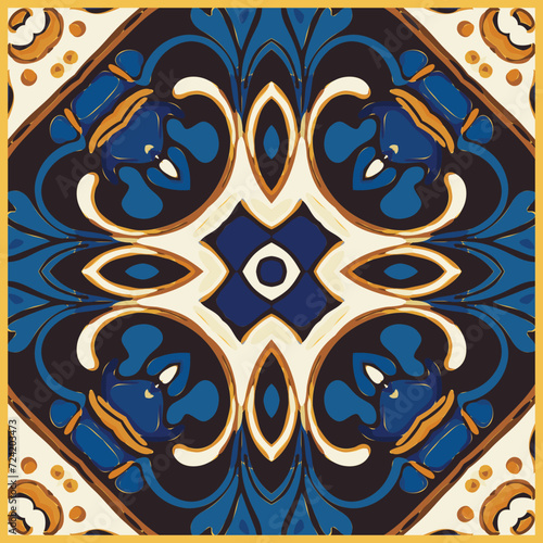 Blue Tiles Arabesque Background, Iranian Mosaic Pattern, Old Fasion Retro Islam Mosaic Tile, Oriental Vintage Wall photo