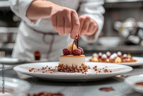 A pastry chef arranging edible flowers on a stunning wedding cake