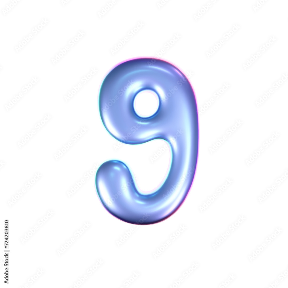 3d holographic liquid number 9 in y2k style isolated on a white background. Render of 3d neon inflated iridescent numbers with rainbow effect. 3d vector y2k hologram. 3d holographic liquid number 9 in y2k style isolated on a white background. Render of 3d neon inflated iridescent numbers with rainbow effect. 3d vector y2k hologram.