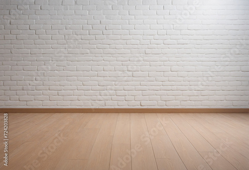 empty room with white bricks wall and wood floor, background for product presentation