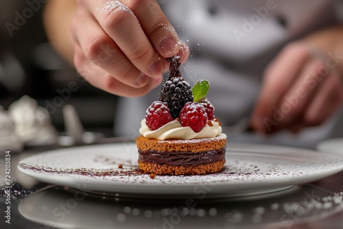 A pastry chef arranging edible flowers on a stunning wedding cake