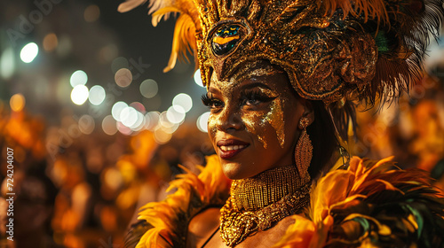 Beautiful Mulatto Woman Wearing a Feathered Mask: Embracing Carnival Elegance and Cultural Heritage with Grace and Style photo