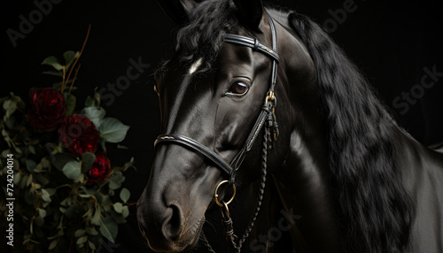 Beautiful black stallion with elegant mane in nature beauty generated by AI