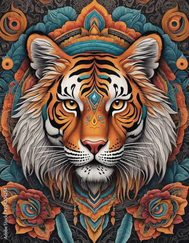 Psychedelic tiger head with symmetrical mandala shapes. Animal Totem  spiritual guide  mystical emblem of the shaman.
