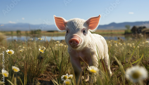 Cute piglet grazing on green grass in the meadow generated by AI