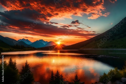 A breathtaking summer sunset in the mountains, the sky an explosion of colors, reflecting off rivers and lakes nestled among the hills