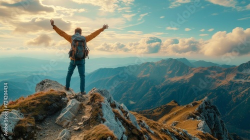 A hiker standing atop a mountain with arms raised in celebration