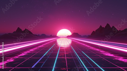 Synthwave Retro Background Digital Landscape, and 80s-90s Retro-Futurism Style