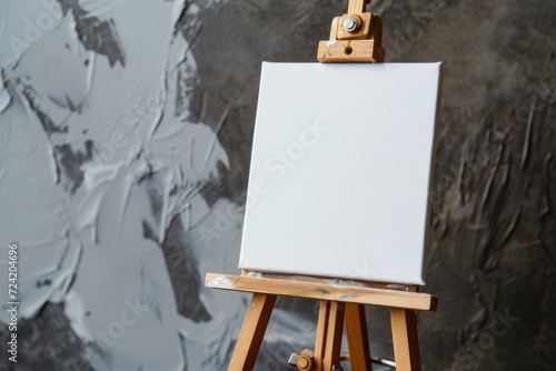 Blank canvas mockup on wooden easel in grey wall room, closeup